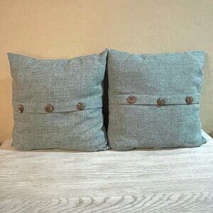 Set of 2 Accent Throw Pillows At Home Premium Teal Blue Tweed Brown Buttons 18"